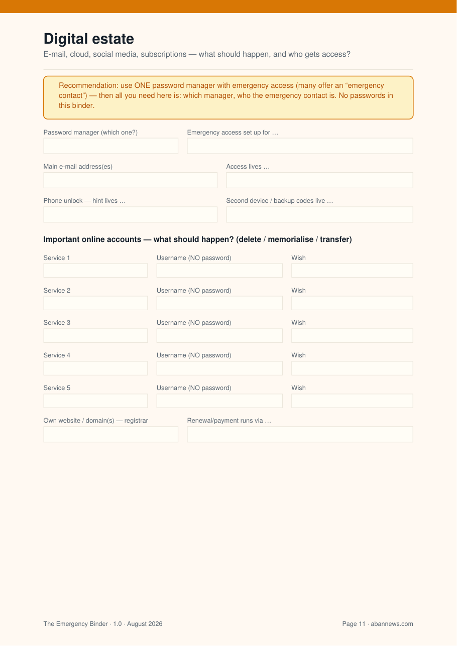 'Digital estate' page with fillable form fields