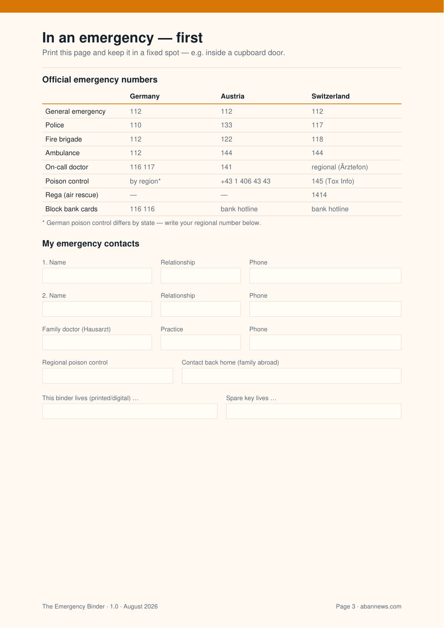 'In an emergency — first' page with the official emergency-number table for Germany, Austria and Switzerland