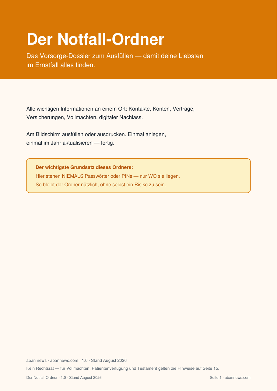 Titelseite des Notfall-Ordners mit dem Grundsatz: keine Passwörter, nur Ablageorte